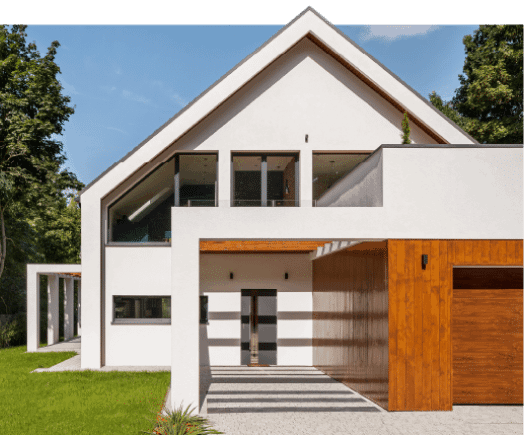 Modern white house with sharp triangular roof, large windows, and wooden accents. Surrounded by green grass and trees, conveying a serene atmosphere.
